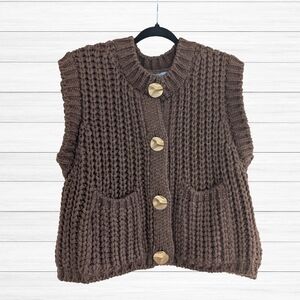 Zara | Chunky Knit Brown Gold Button-Front Sweater Vest | Size Large